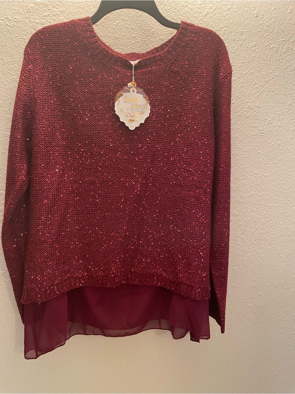 Simply Couture Burgundy Sequin Knit Sweater with Chiffon Lining
